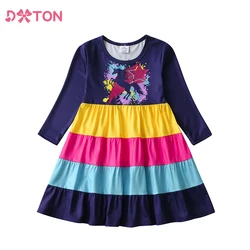 DXTON Long Sleeve Kids Dresses For Girls Winter Rainbow Children Cotton Clothing Unicorn Printed Cartoon Girls Casual Dresses