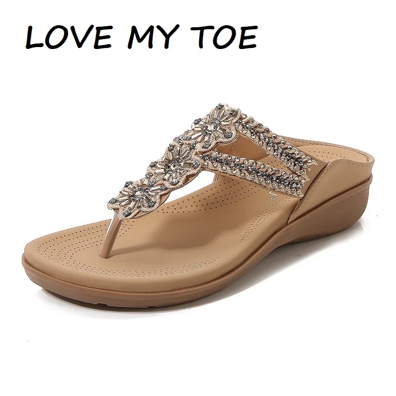 Sandalias informales de PU para mujer, zapatos romanos de plataforma, suaves y antideslizantes, con cuentas de diamantes ostentosos, estilo bohemio, para verano, 2024