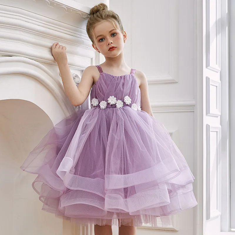 Girls Purple Flower Princess Dress Children Spaghetti Strap Birthday Party Performance Flower Girl Wedding Tulle Puffy Dress
