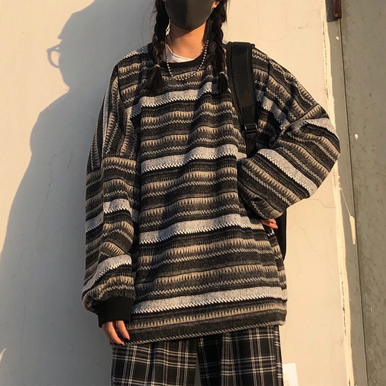 

Striped Oversized Knitted Sweater Autumn Winter Hip Hop Unisex Vantage Couples Tops Japanese Casual Pullover Women Men ﻿