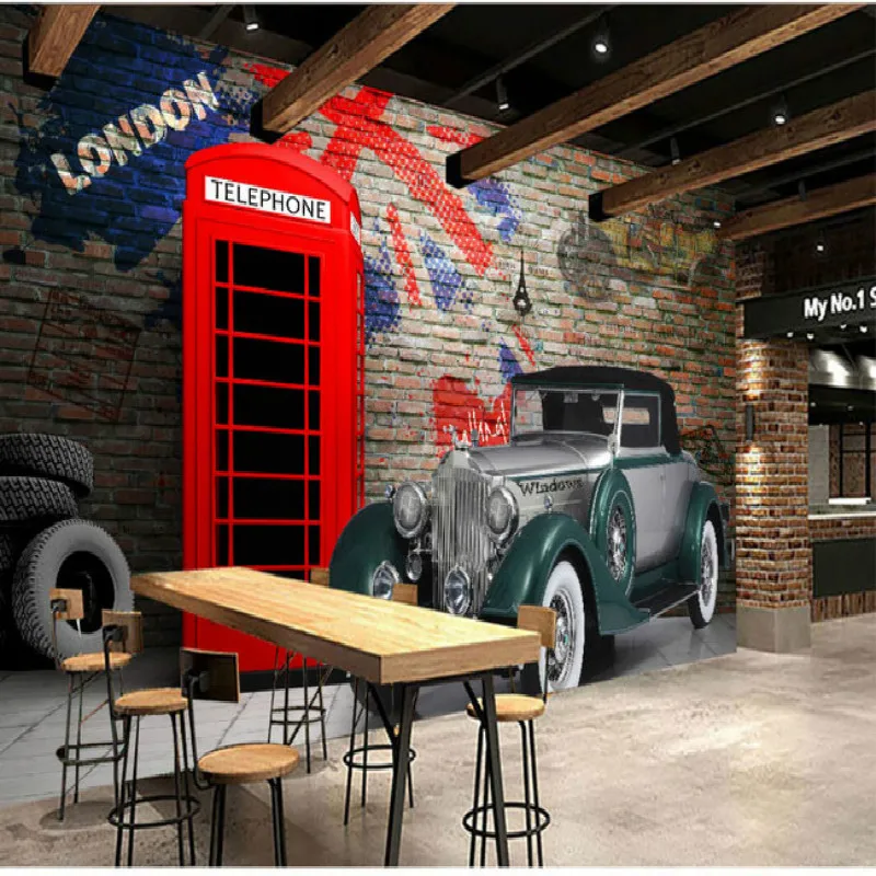 

British Phone Booth Vintage Classic Car Brick Wall Paper Restaurant Bar Cafe Industrial Decor Mural Wallpaper Papel De Parede 3d