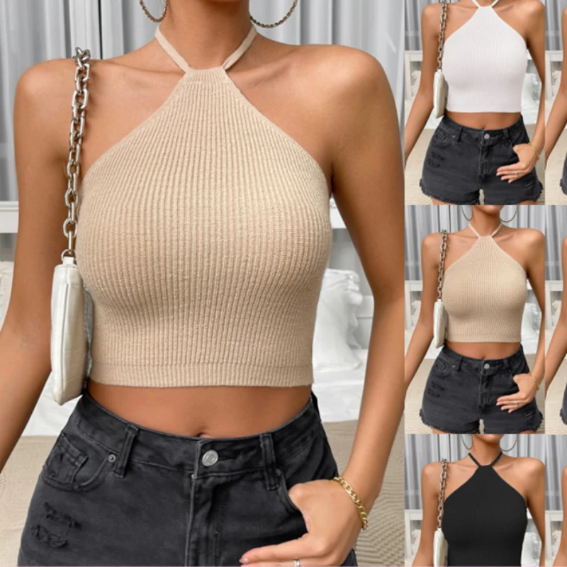 

Sexy Screw Thread Knit Tank Top Wrap Chest Bare Midriff Halter Crop Tops Women Backless Sleeveless Cropped Vest Camisole Female