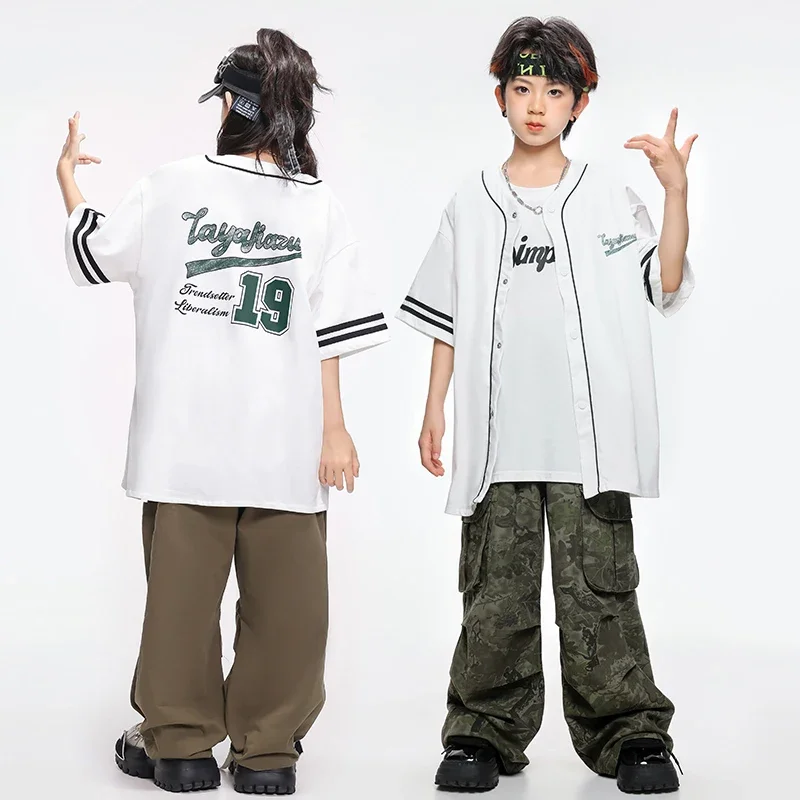 Jungen Hip Hop Baseball Shirt Street Dance Jogger Mädchen Lose Camo Cargo Hosen Kind Streetwear Kinder Jazz Kostüme Kleidung Sets