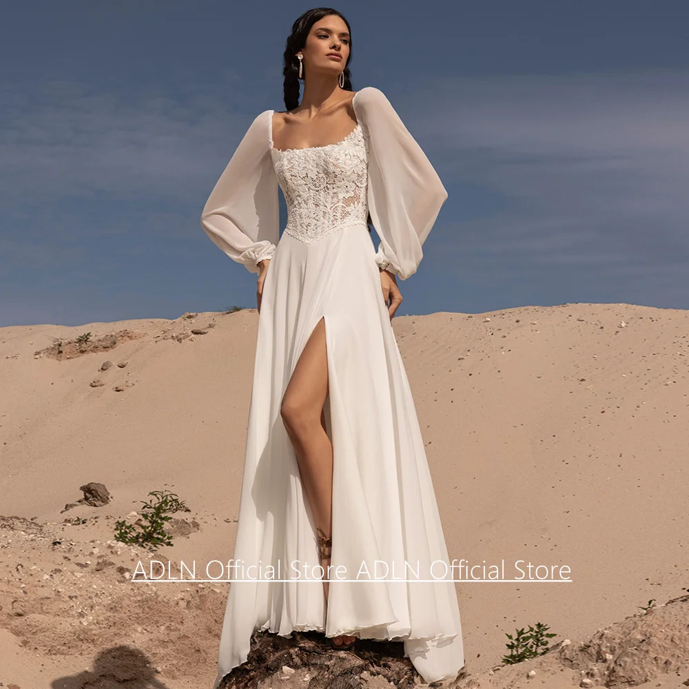 Sexy Beach Wedding Dress Customized Square Neck Puff Sleeves Beading Applique Split Chiffon Summer Bridal Gown for Woman
