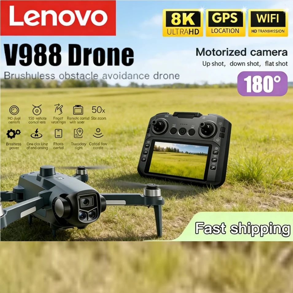 

Дрон Lenovo V988 Professional 8K HD с двойной камерой, пультом дистанционного управления, большим экраном, 5G WIFI FPV, складной квадрокоптер RC