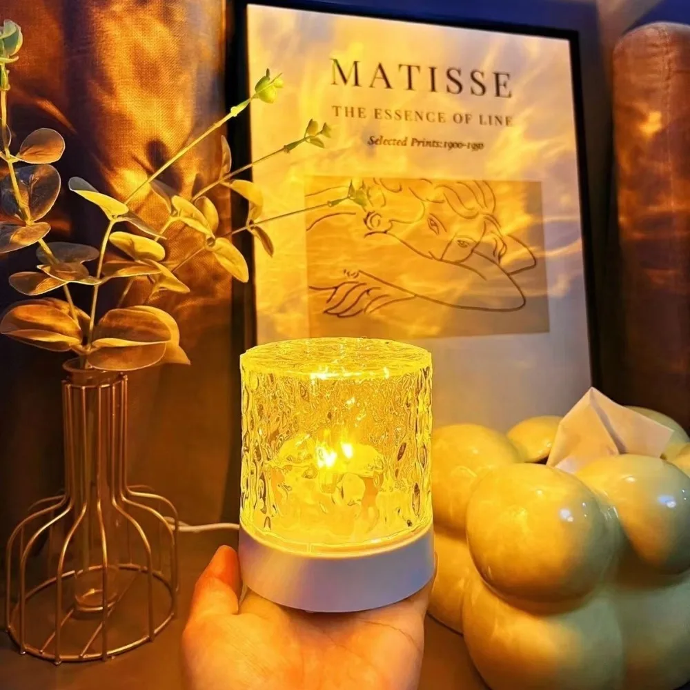 Water Ripple Projector Night Light Dynamic Rotating Flame Crystal Lamp 3/16 Colors Home Decoration Bedside Decorative Lamps