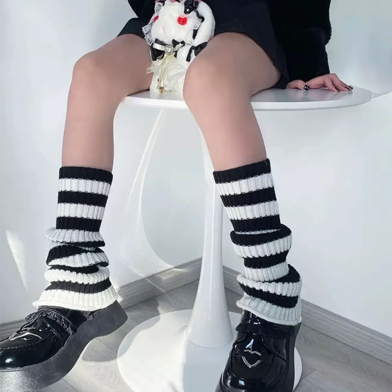 Women Chunky Ribbed Knit Leg Warmers Gothic Striped Print 90s Boot Socks