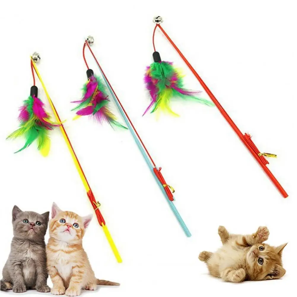 Cute Cat Toys Interactive Funny Multicolor Color Feather Bells Cat Stick For Pet