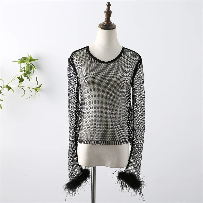 Damen Diamant-Netz-Top, Durchsichtiges Fischernetz-T-Shirt, Glitzernde Transparente Rundhalsbluse, Eng Anliegend, für Nachtclub, Party, Festival, Clubwear – Detail 1