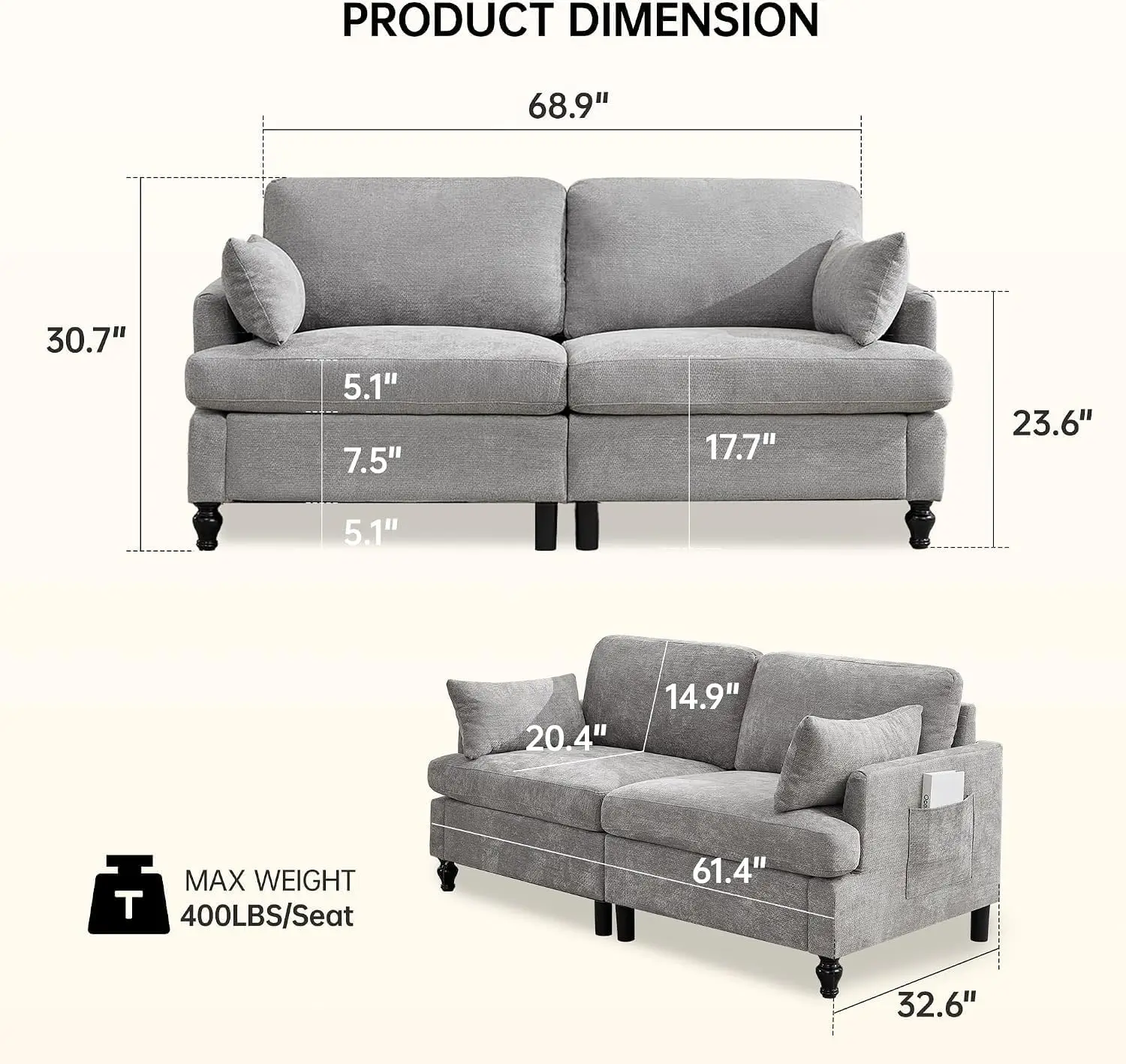 70 Inch Gray Loveseat 2 Seat Chenille Sofa Deep Seats Spring Cushions Solid Wood Frame Modern Small Couch Living Room Apartment