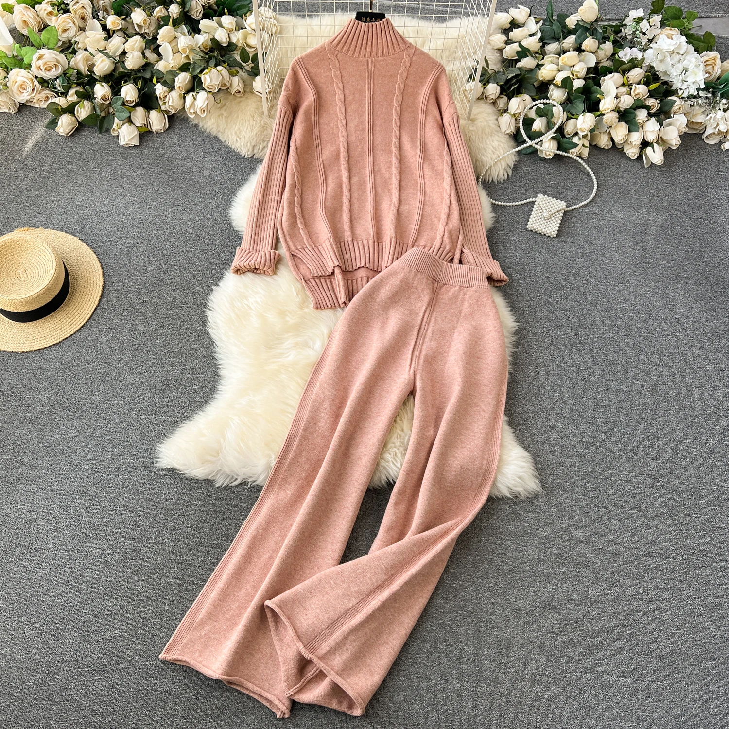 REALEFT Autumn Winter 2 Pieces Women\'s Sets Outfit Knitted Tracksuit Turtleneck Sweater and Straight Jogging Pant Suit 2024 New