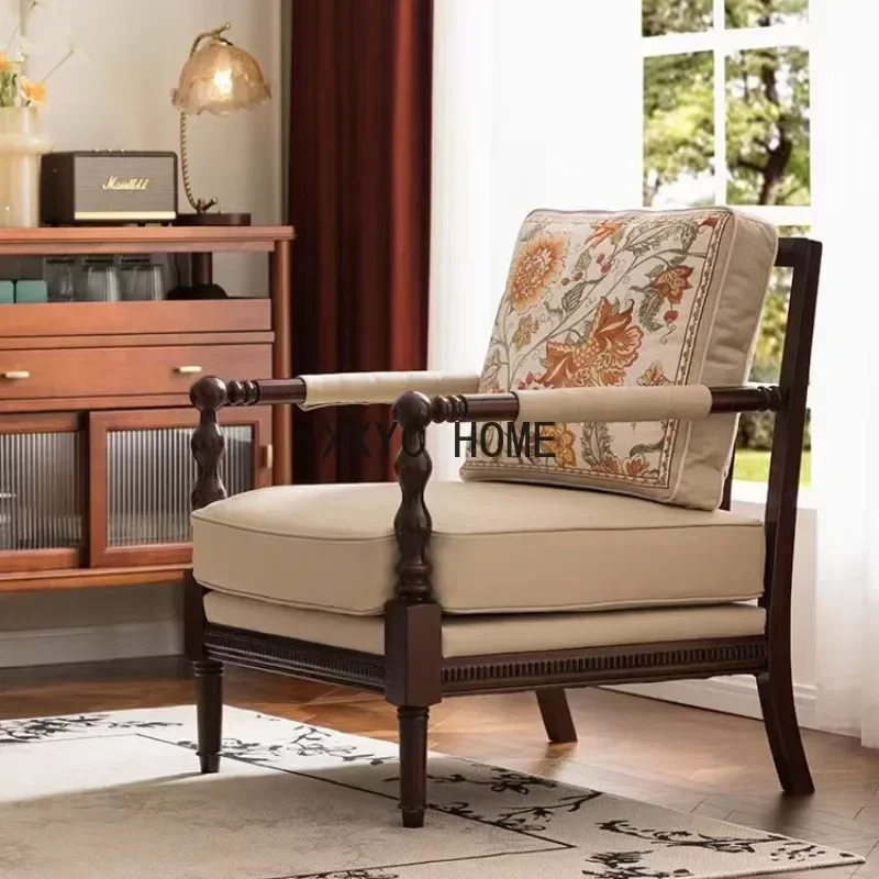 

Американский стул Wingback в стиле ретро из цельного дерева для гостиной, тканевый стул для отдыха, скандинавский одиночный стул из натуральной кожи