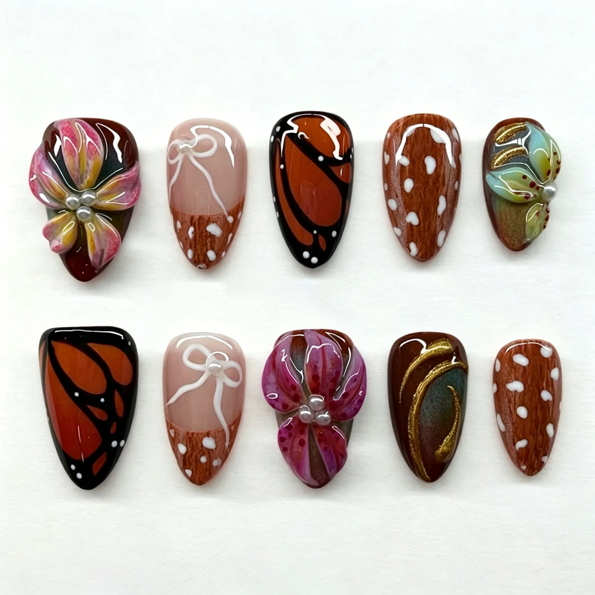 24Pcs 3D Gradient Flower Almond False Nails Bow Polka Dot French Press on Fake Nails Butterfly Gilded Wearable Stick on Nail Tip