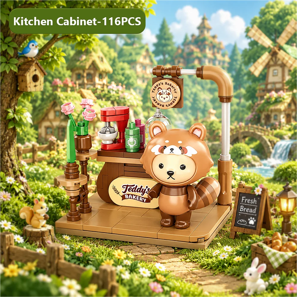 1 Piece Randomly Teddy Bakery Series Blind Box Mini Building Blocks Cute Bear Shop Scene Assembly Bricks Collectible Desktop Ornament Thanksgiving Christmas Halloween Holiday Gift