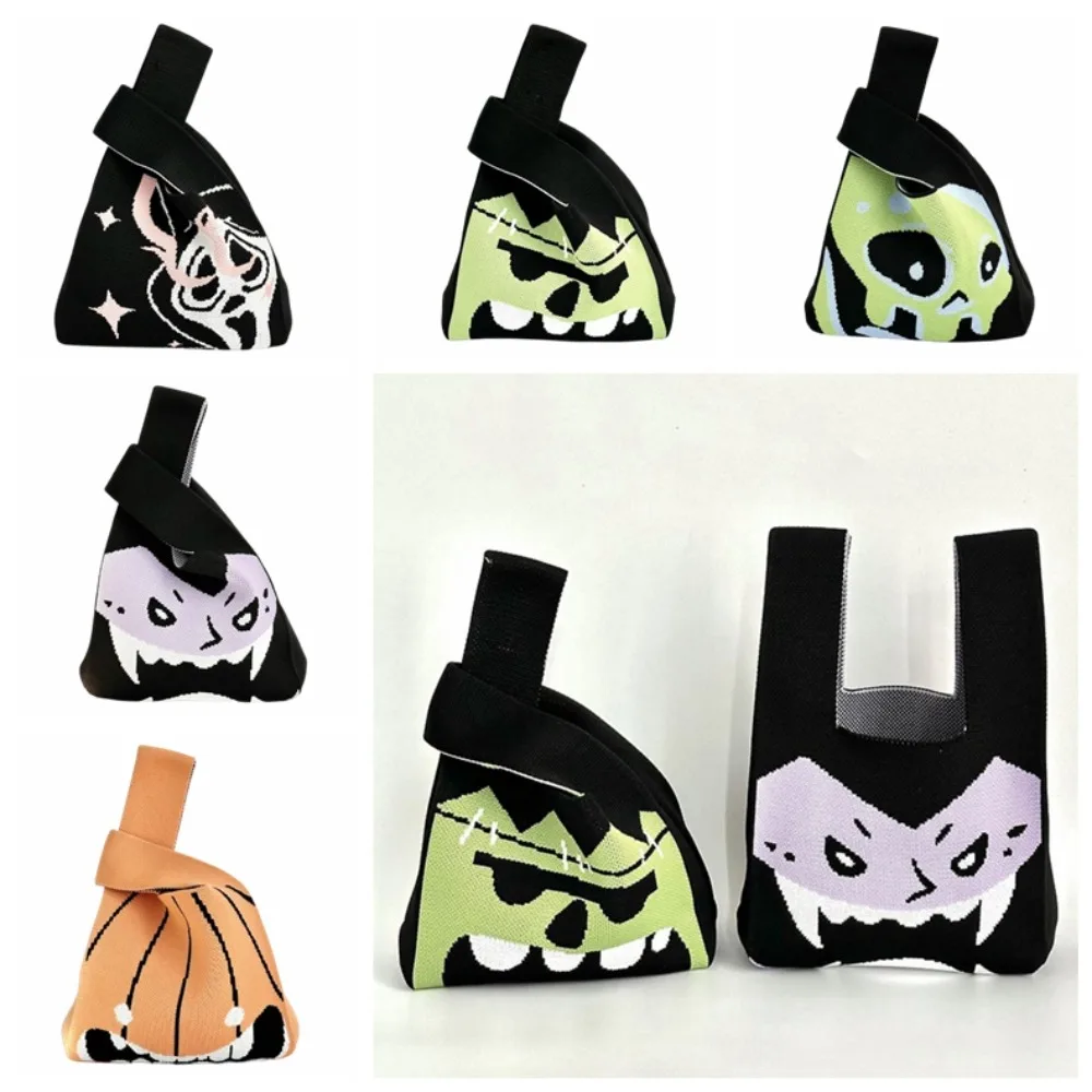 Lunch Bag Pumpkin Halloween Knit Handbag Ghost Tote Bag Mini Knot Wrist Bag Shopping Bags Korean Handmade Knit Handbag Casual