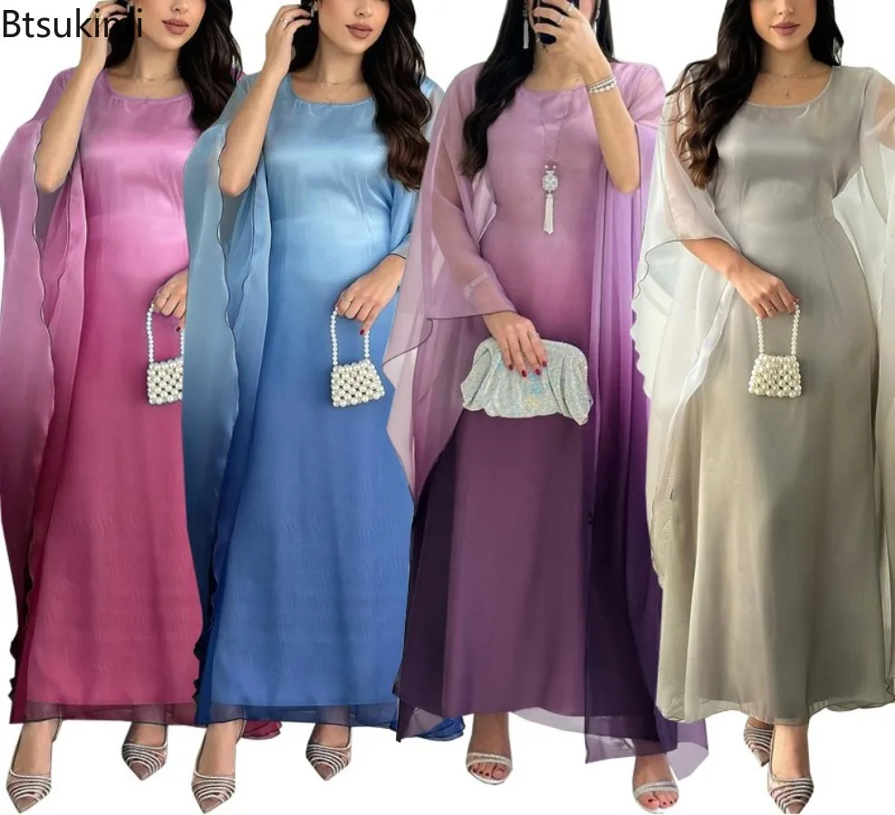 

2025 Muslim Loose Elegant Party Gradient Dress Loose Round Neck Batwing Sleeve Long Dress Female Fashion Satin Dress for Musilim