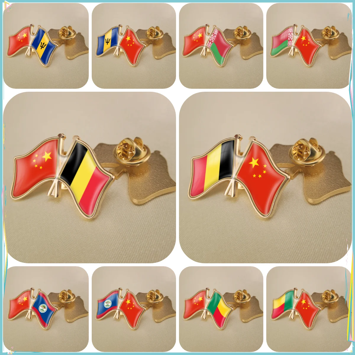 China and Barbados Belarus Belgium Belize Benin Crossed Double Friendship Flags Lapel Pins Brooch Badges