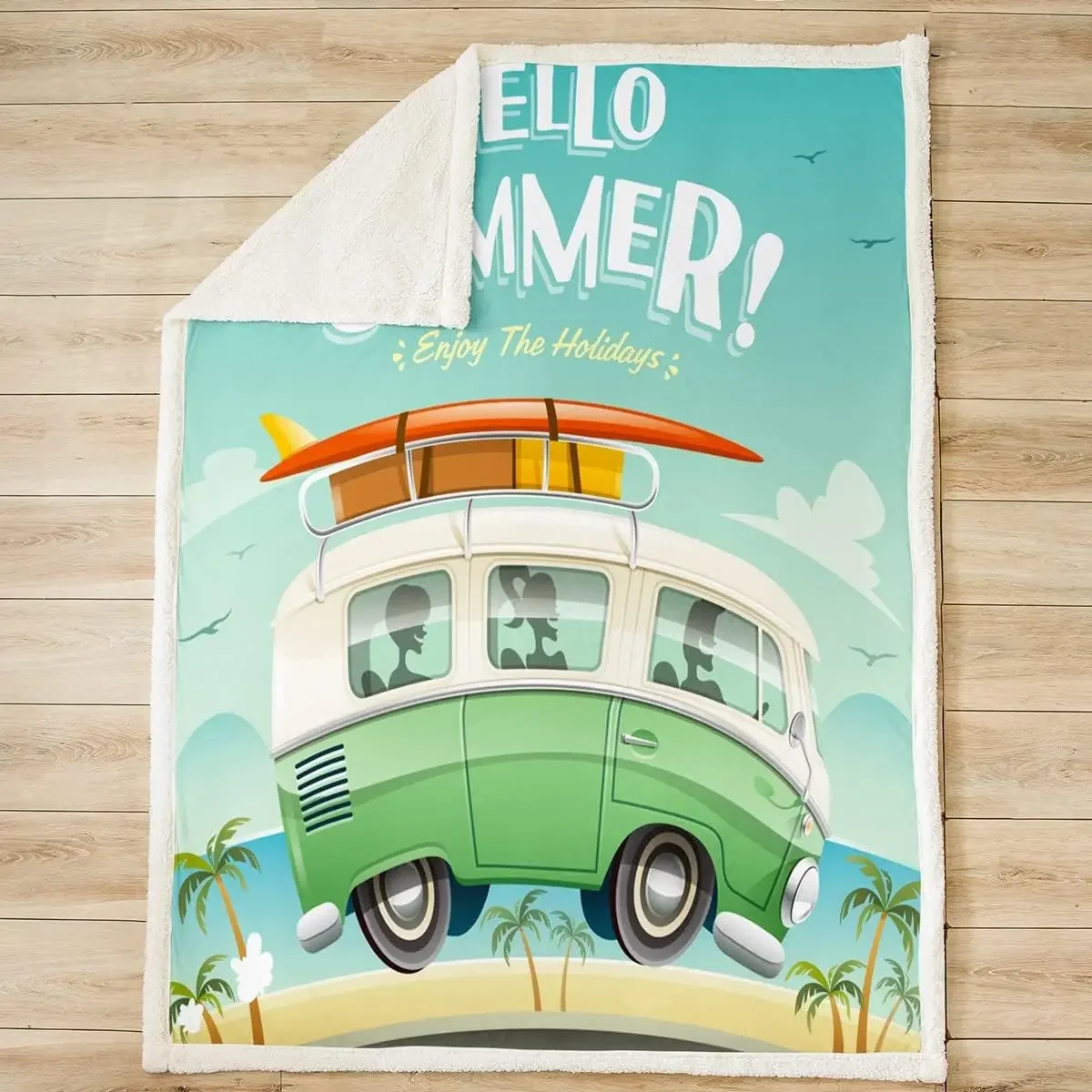 Summer Camping Blankets Cartoon Bus Van Throw Blanket for Kids Girls Boys Adults Room Decor Beach Palm Trees Fleece