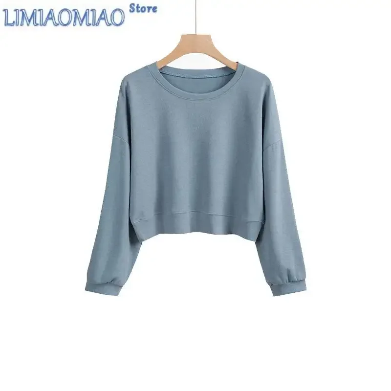 Korean Solid Color Sweatshirts New Autumn Women's Wear Fashion Temperament O-collalr Long Sleeve Loose Short All-match Top