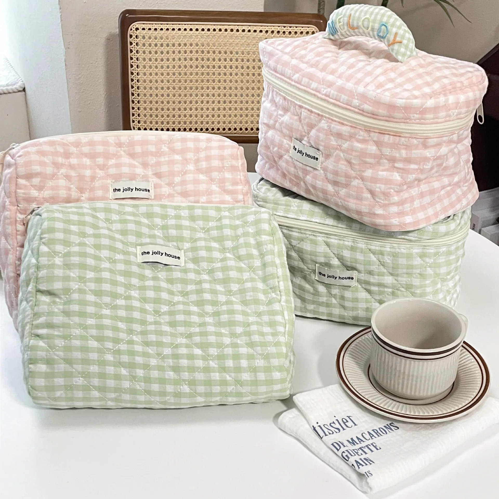 Pink Green Plaid Quilted Cotton Makeup Bag Large Capacity Korean Ins Cute Portable Cosmetic Storage Wash Bag