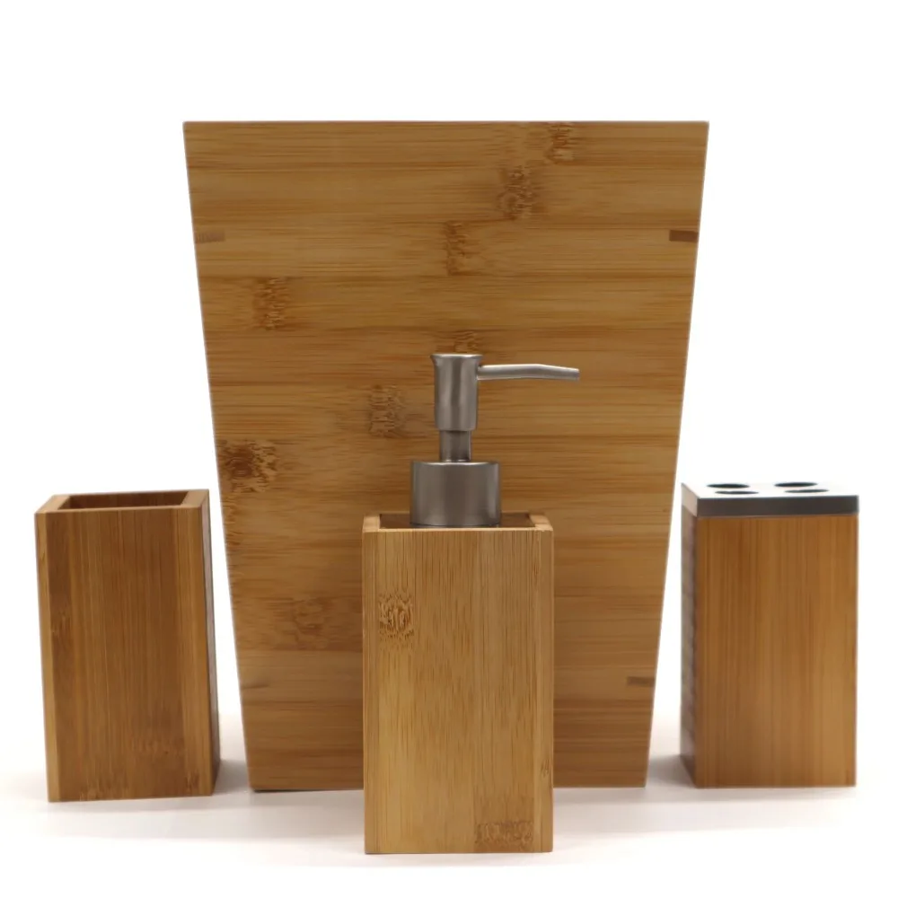 

Bamboo 4 Piece Bath Accessory Set Includes Waste Can, Soap Dispenser, Multi Toothbrush Holder, and Tumbler