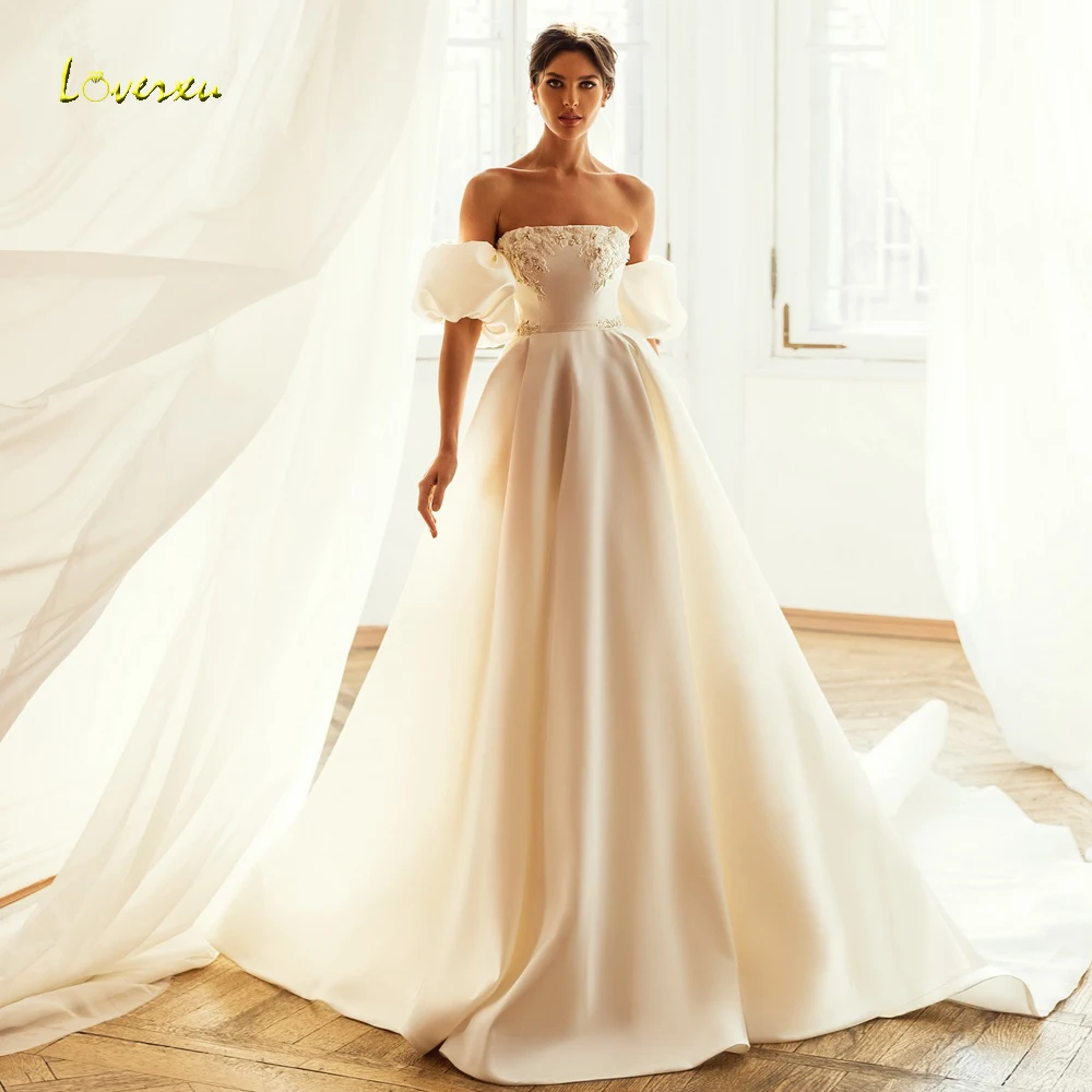 Loverxu A-Line Matte Satin Wedding Dresses Strapless Detachable Puff Sleeve Robe De Mariee Bead Elegant Custom Made Bridal Gown