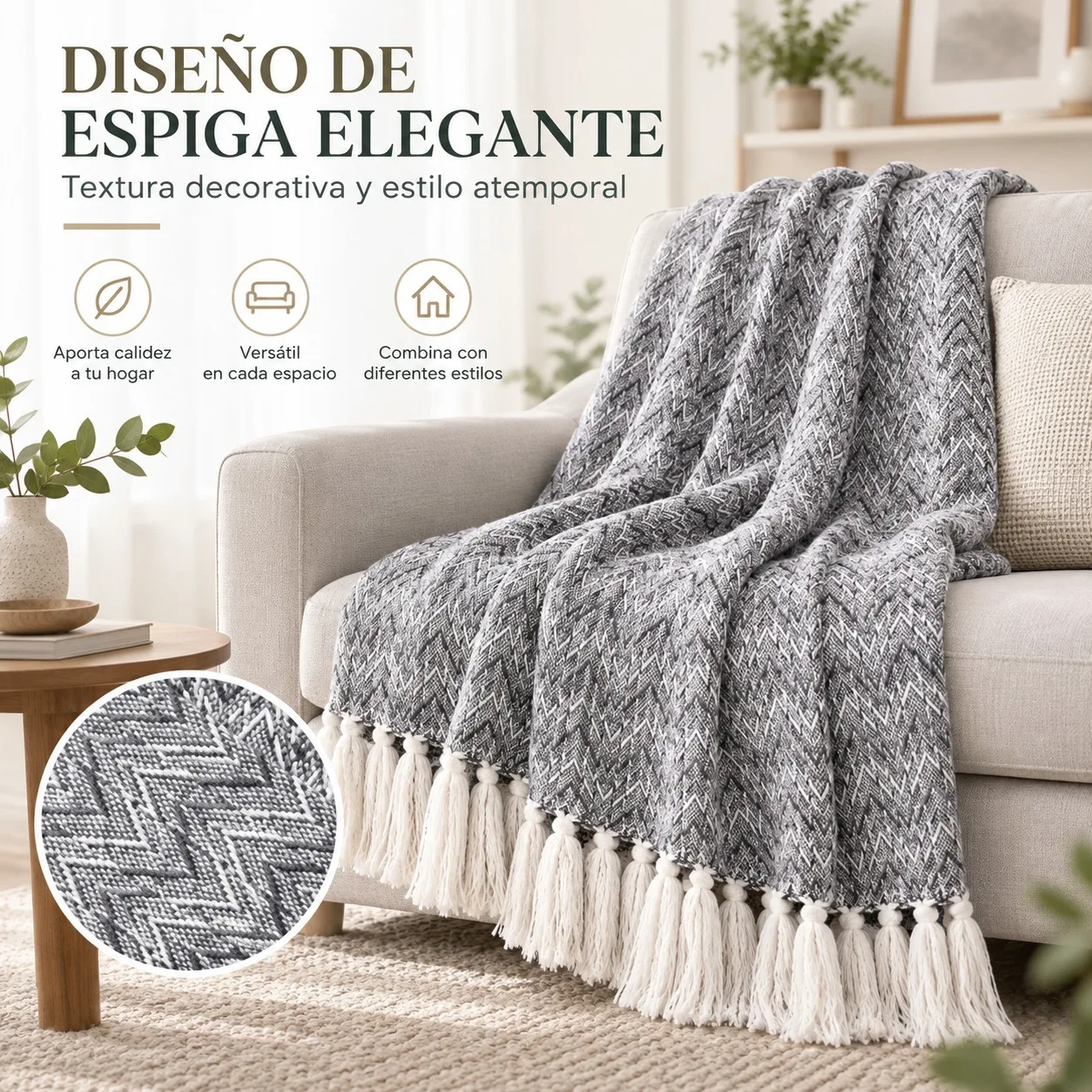 Coperta in cotone a motivo a spina di pesce con frange decorative, ideale per divano e letto, morbida e traspirante, versatile come copriletto, disponibile nelle misure 130x160 cm e 180x240 cm, stile