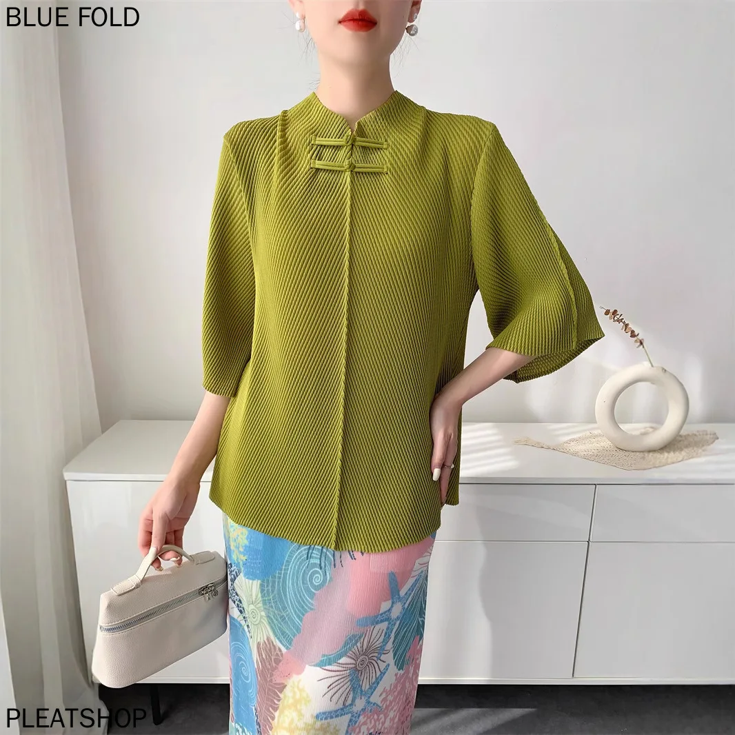 Miyake Pleated Fish Scale Pleated National Style Buckle Summer Pleated Top Women's Comfortable Casual Slit Loose T-shirt