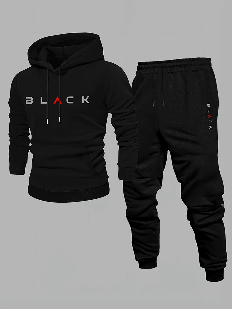 Men's hooded sweatshirt, autumn/winter sports casual set, trendy American street style multi-purpose printed set - T142