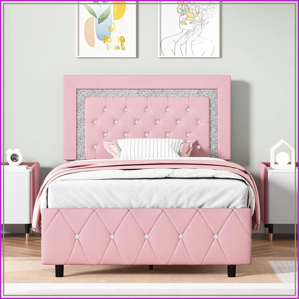 Twin Bed Frame with Headboard Princess Style for Kids