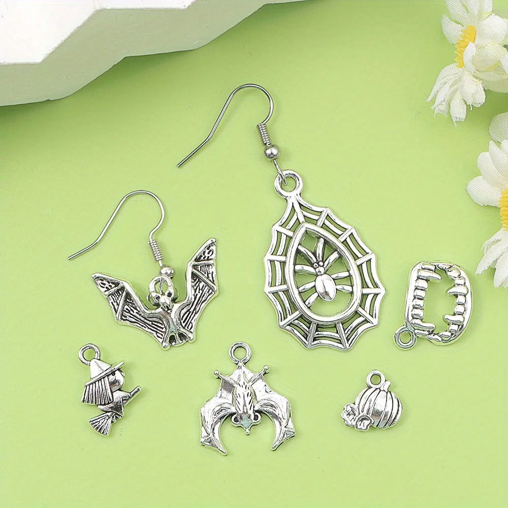 7/17/37 قطعة قلادة فضية على شكل شبح الخفافيش على شكل شبكة عنكبوت على شكل شبكة عنكبوت، أقراط على شكل سوار ذاتي الصنع، هدية الهالوين