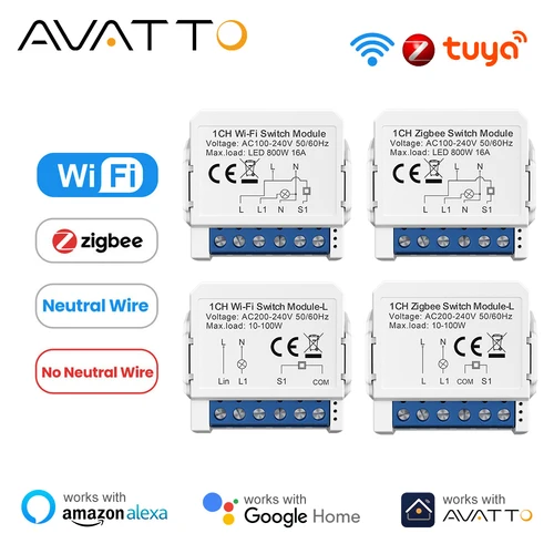 AVATTO Tuya WiFi Zigbee módulo de interruptor de luz inteligente, cable neutro/sin Control de cable neutro DIY disyuntor funciona para Alexa, Google Home