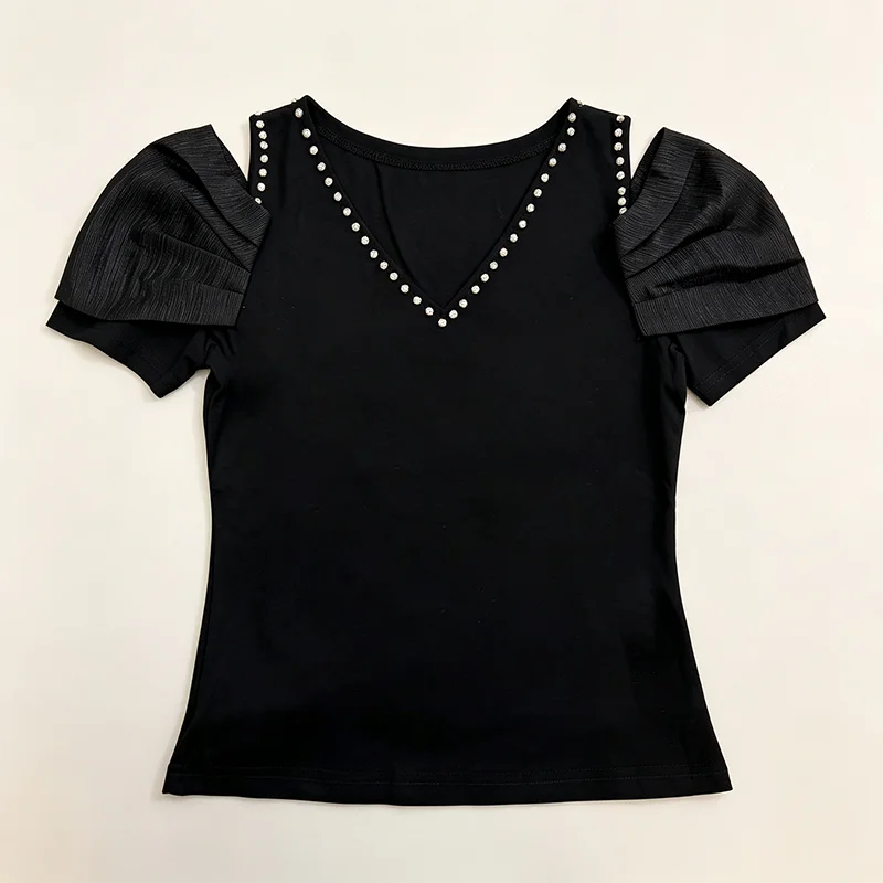 MadBlack-Women European T-Shirt, Sexy V Neck Diamond, Hotsweet Short Sleeve Off Shoulder Slim M-3XL Tee, 2026 Summer T66209CC
