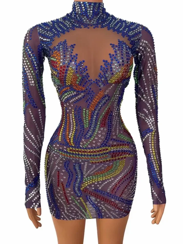 Purple Shining Colorful Rhinestones Long Sleeve High Neck Sexy Women Sheath Dress Nightclub Prom Dance Stage Queen Costumes