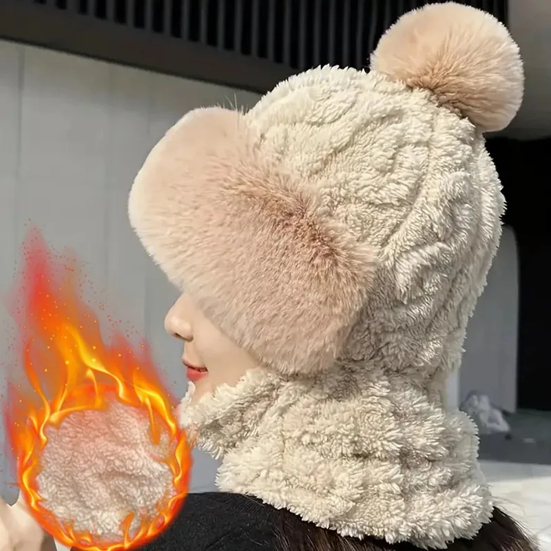 2-in-1 الشتاء وشاح مجموعة مقنعين قبعة المرأة سميكة أفخم الرقبة الدافئة في الهواء الطلق التزلج قبعات يندبروف قبعة أفخم رقيق بيني