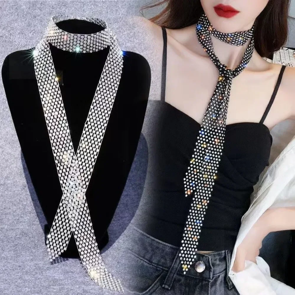 Fashion Rhinestone Women's Tie Luxurious Bright Diamond All-match Neck Necklace Wedding Party Dance Performance Jewelry Scarf 1