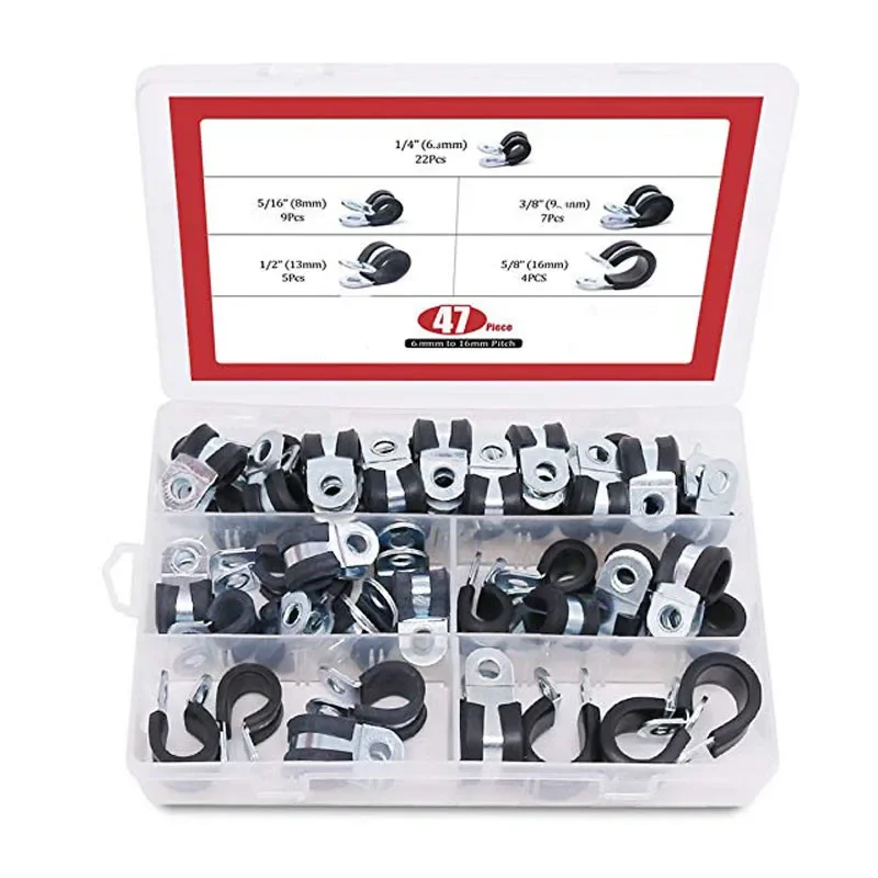 

47Pcs Zinc Plated Steel Rubber Cushion Pipe Clamps Insulated Clamp Assortment Kit 1/4~5/8 inch (6mm - 16mm) Cable Clamp Pipe C