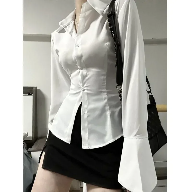 

Deeptown Women Sexy Chiffon Blouses Slim Lace Up Shirts Hotsweet Solid Color Flare Sleeve Tops Korean Style Tunic Bandage Design