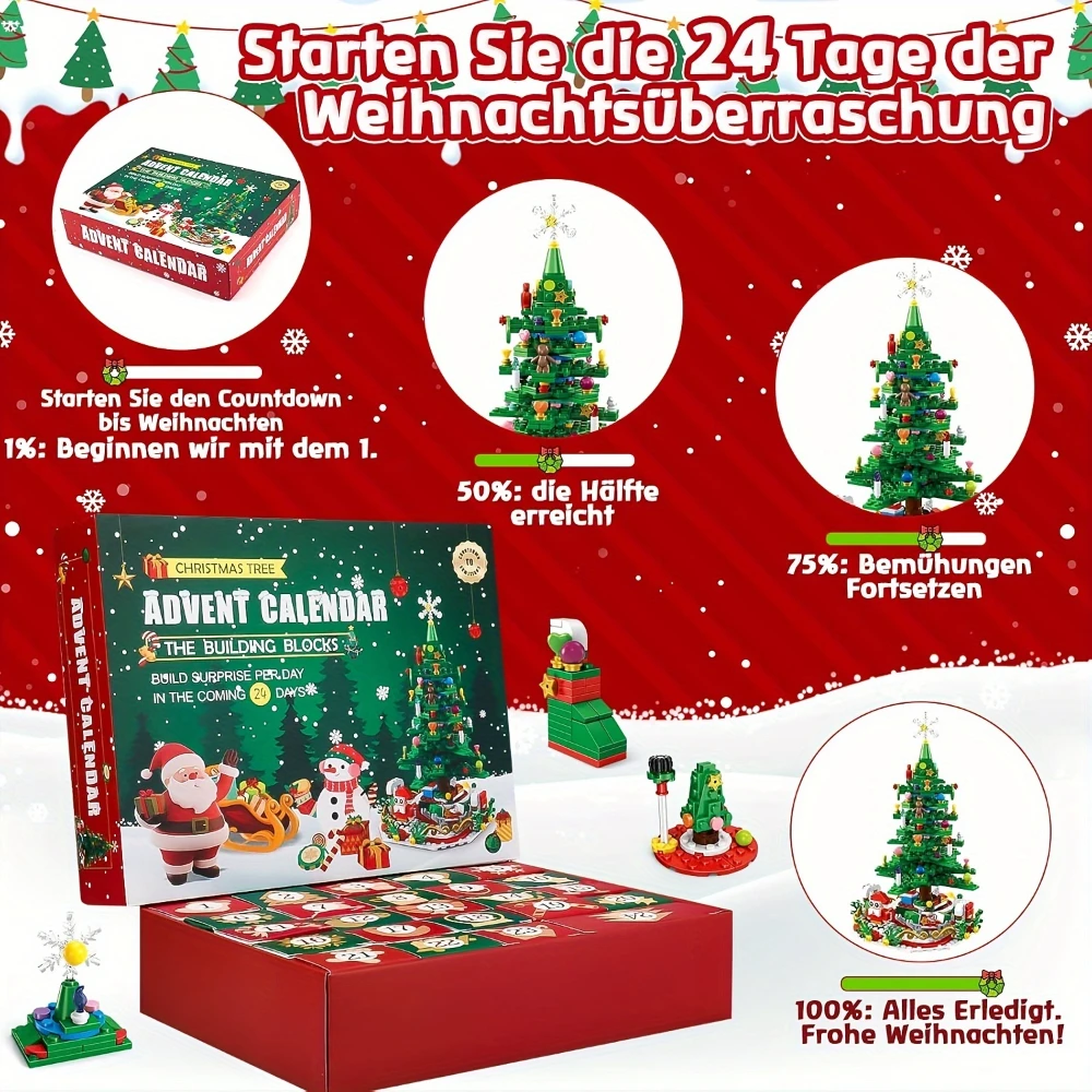 WizKidz Advent Calendar 2025 Christmas Tree Building Toy Set with LED Light - 701 Pieces Countdown Gift for Adults & Children