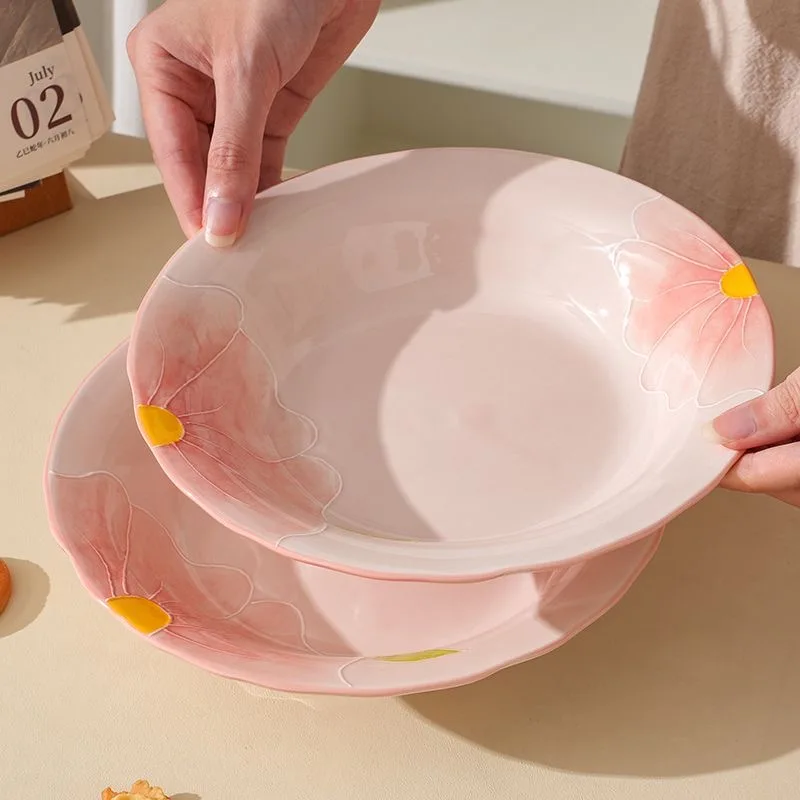 Pink Relief Deep Plate Ins Household Underglaze Color Hand Drawn Serving Plates Fashion Ceramic Western Cuisine Tableware