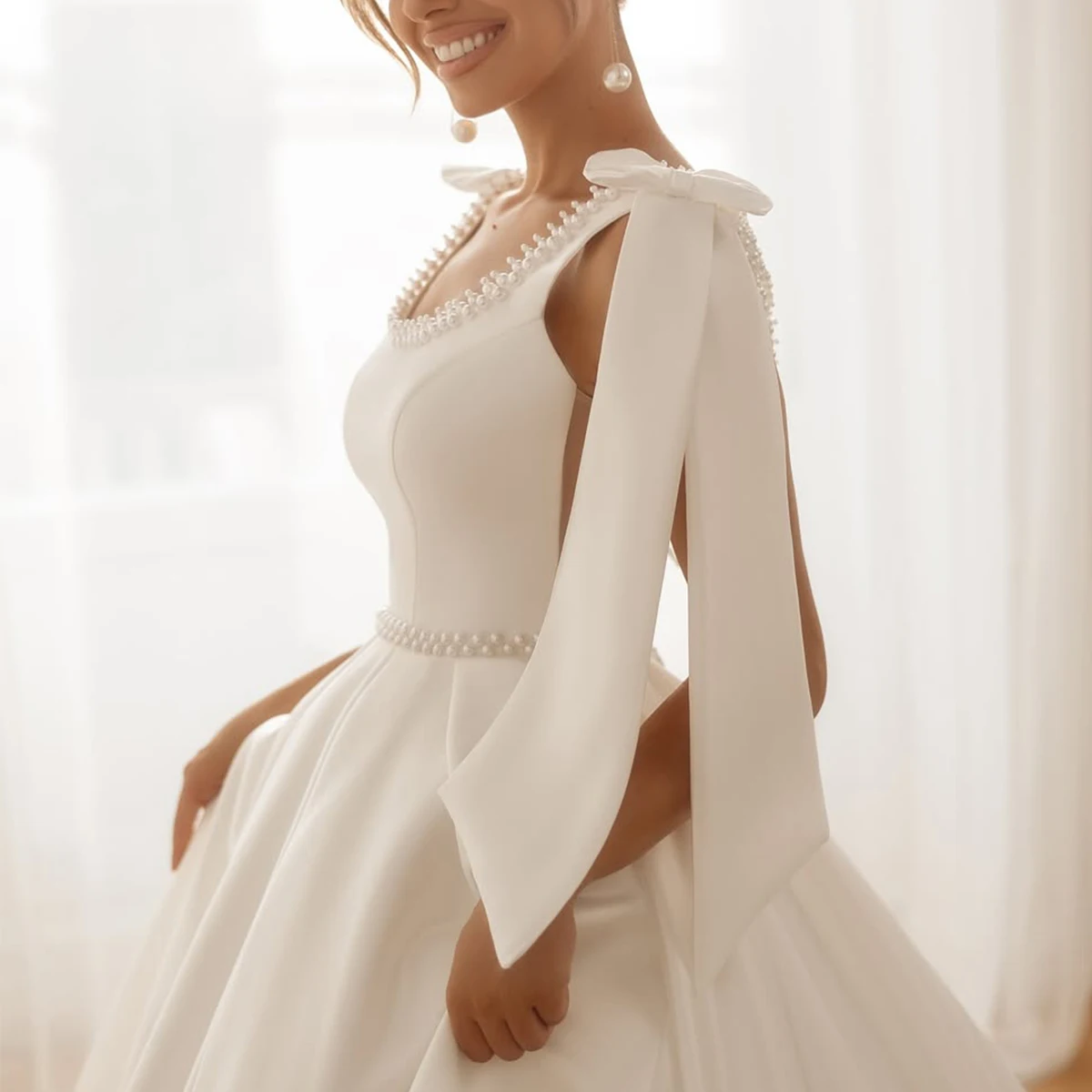 Clássico cetim cinta de espaguete longo vestido de baile vestidos de casamento com arco pérola vestido de noiva para mulheres novia