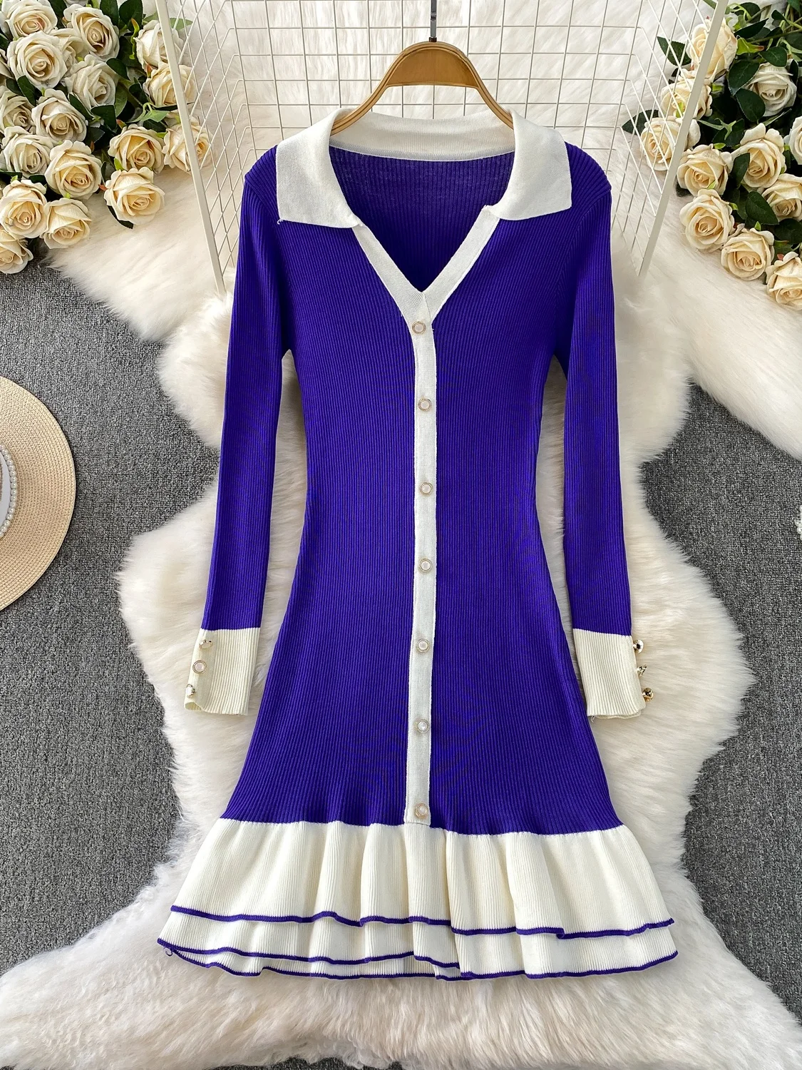 

Sexy V-Ne Long Sve Knitted Dr Women's Autumn Winter Slim Fit ort Skirt High Waist A-Line Silhouette Button Closure