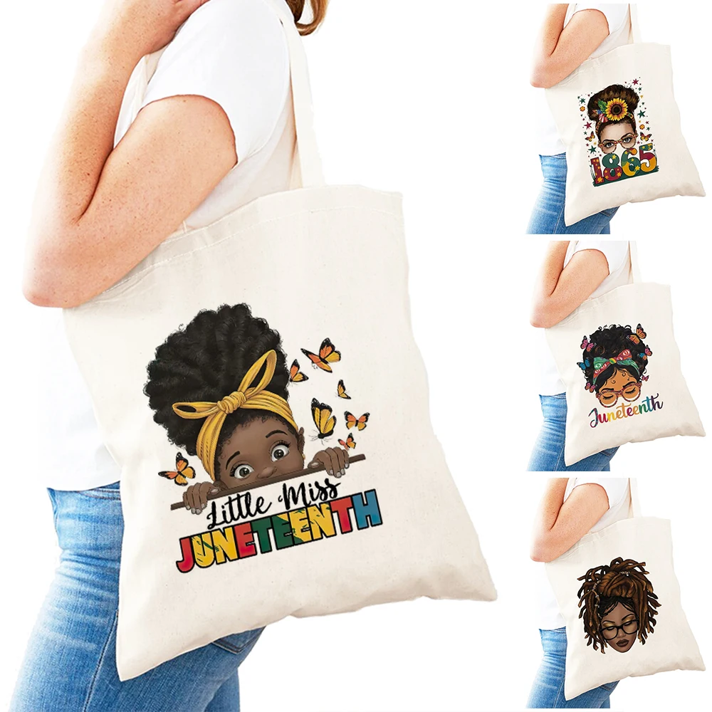 

Black Woman African Motif Juneteenth Shopping Bags Dreadlocks Girl Women Daily Shoulder Handbag Double Print Ribbon Shopper Bag