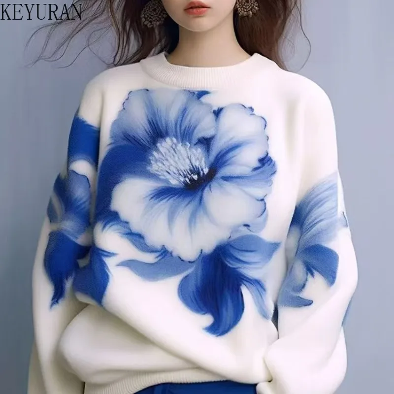 Womens White Seahorse Hair Printed Blue Flower Sweater Vintage Elegant Loose Pullover Knit Tops Women Clothing Sueter Mujer Pull