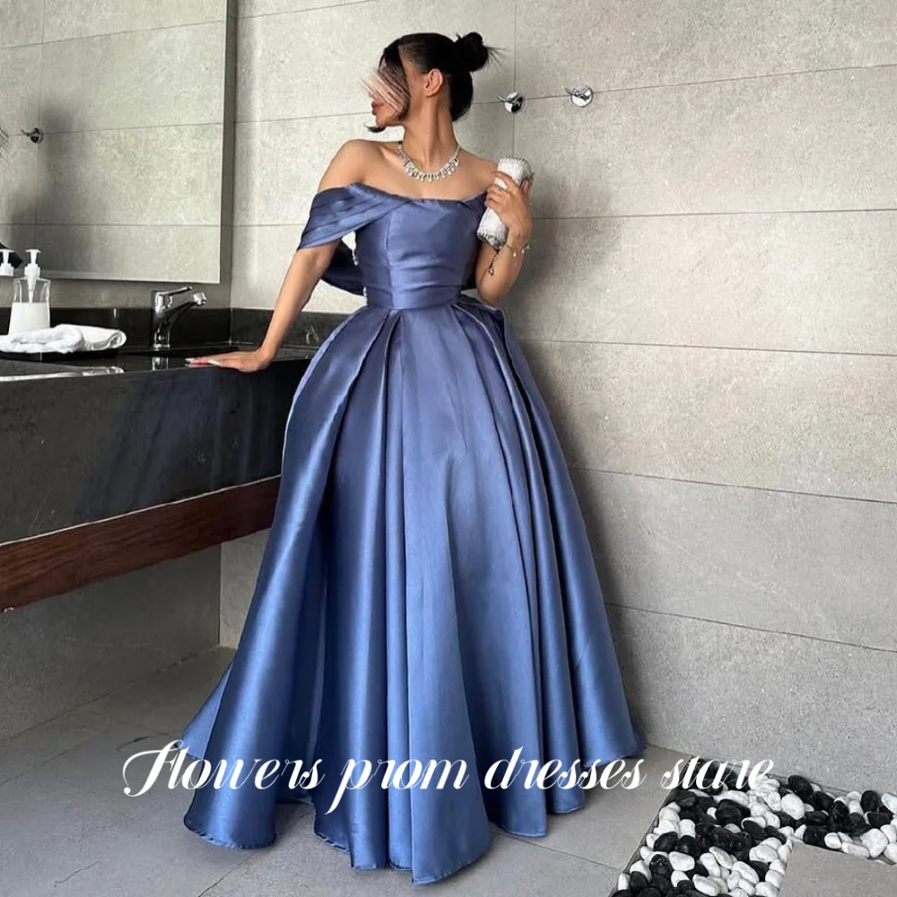 

Flowers Satin Prom Dress Off the Shoulder Pleats Evening Dress A-Line Ruched Formal Occasion Dress for Arabic Women Customized