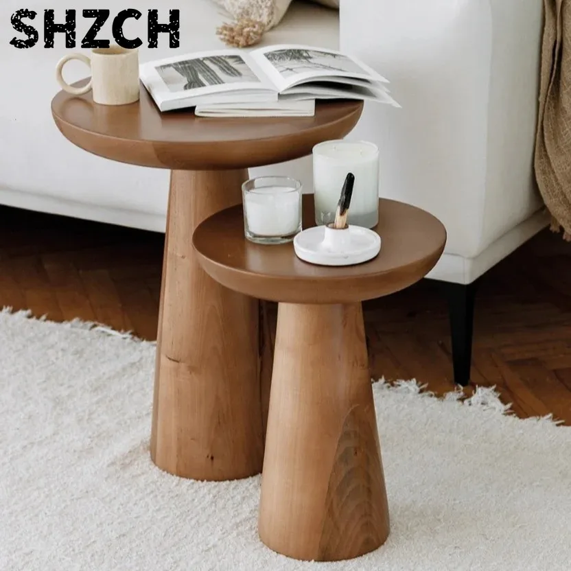 Retro Solid Wood Side Table Modern Round End Tables for Living Room Natural Sofa Accent Table Handcrafted Coffee Table Stool