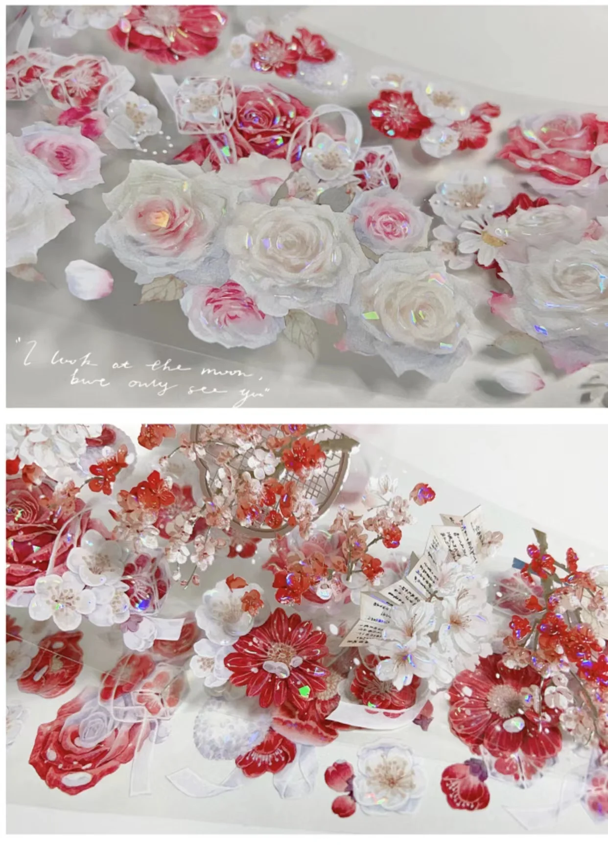 Vintage Red White Daisy Rose Floral Washi PET Tape for Planner Card Making DIY Scrapbooking Plan Decorative Sticker