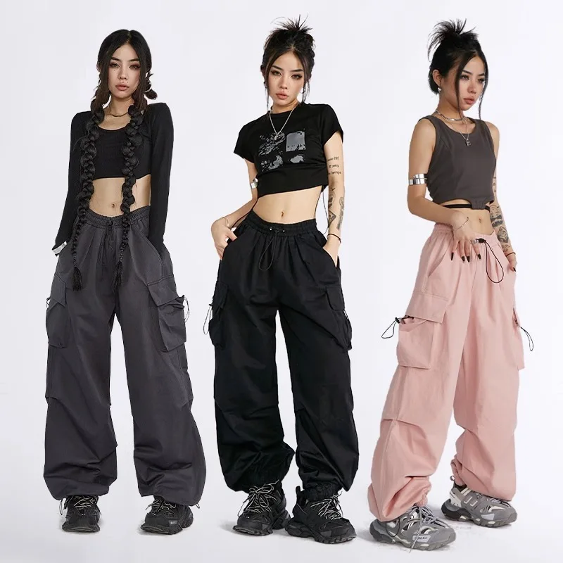 1 Pc Women's Cargo Casual Pants, American High Street Style, High Waist Design, Drawstring Adjustable Waistband, Loose Straight