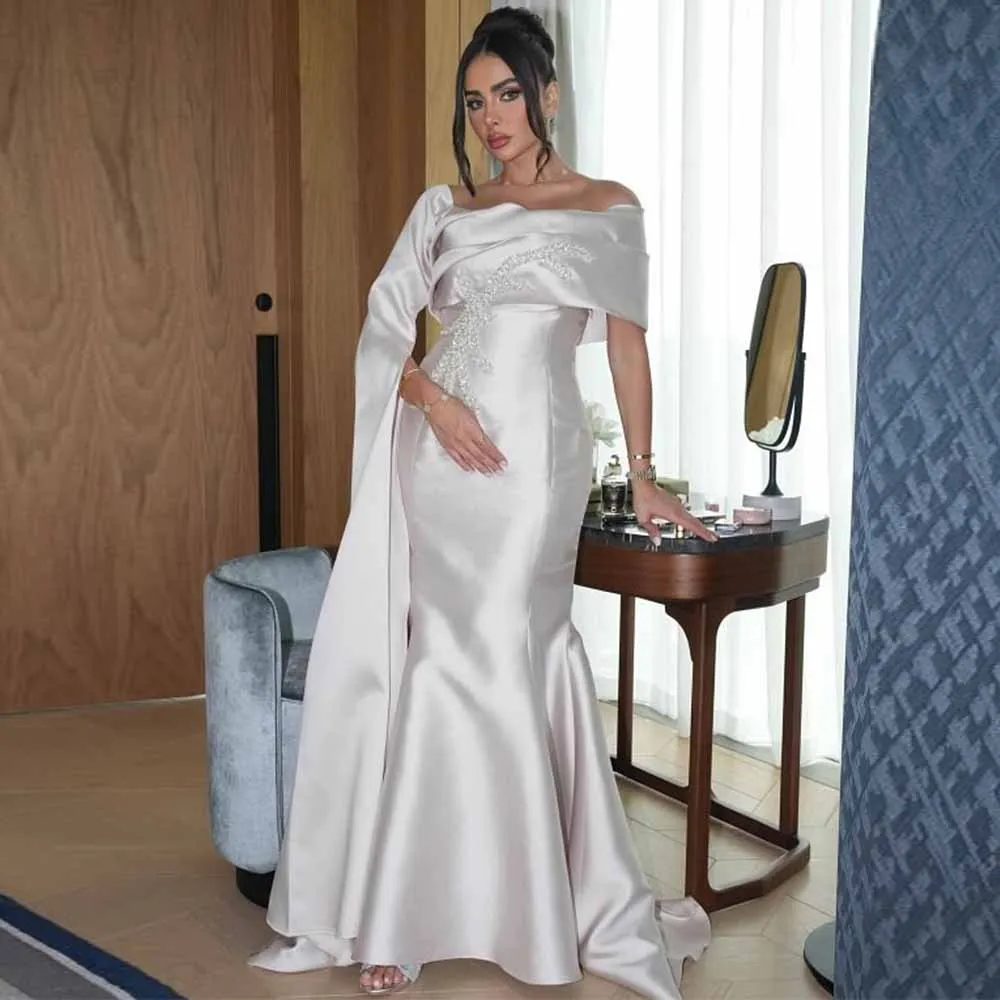 

Luxurious Women's Evening Dresses Satin Mermaid/Trumpet Celebrity Dress White Off-the-shoulder Beads Batwing Sleeve Prom Dresses