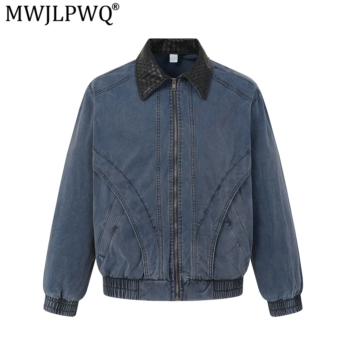 MWJLPWQ Men Retro Washed Jacket Weave Faux Leather Lapel Zipper Front Elastic Hem Loose Fit Casual Street Outer Coat 20702